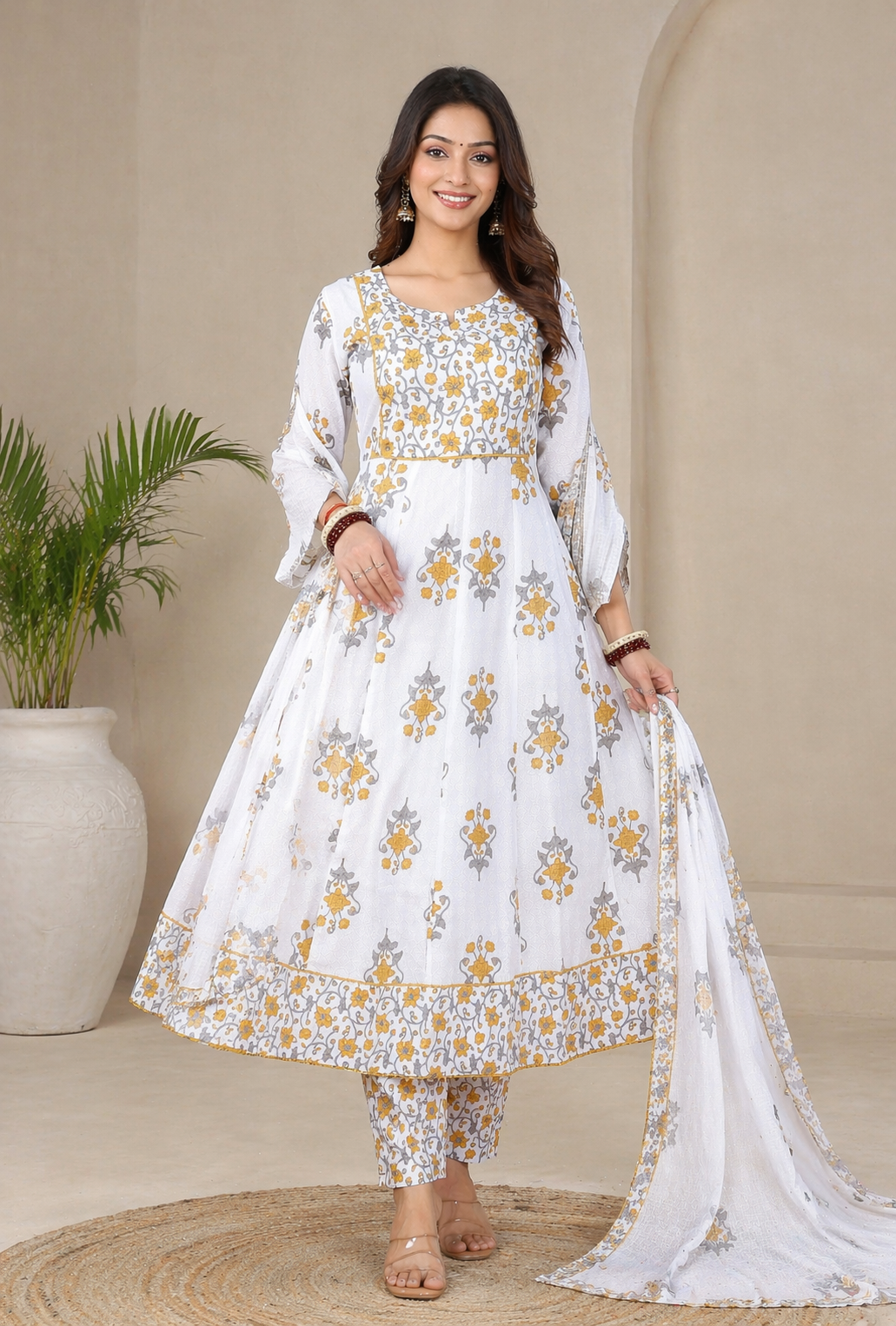 Ivory Gold Artisanal Hand-Block Anarkali Set