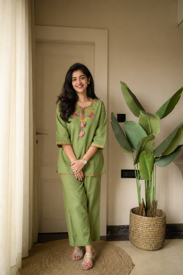 Olive Green Embroidered Kurta Set – Effortless Everyday Elegance