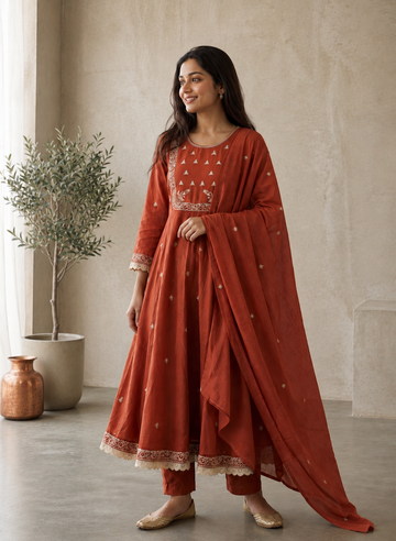 Earthy Terracotta Embroidered Anarkali Suit Set