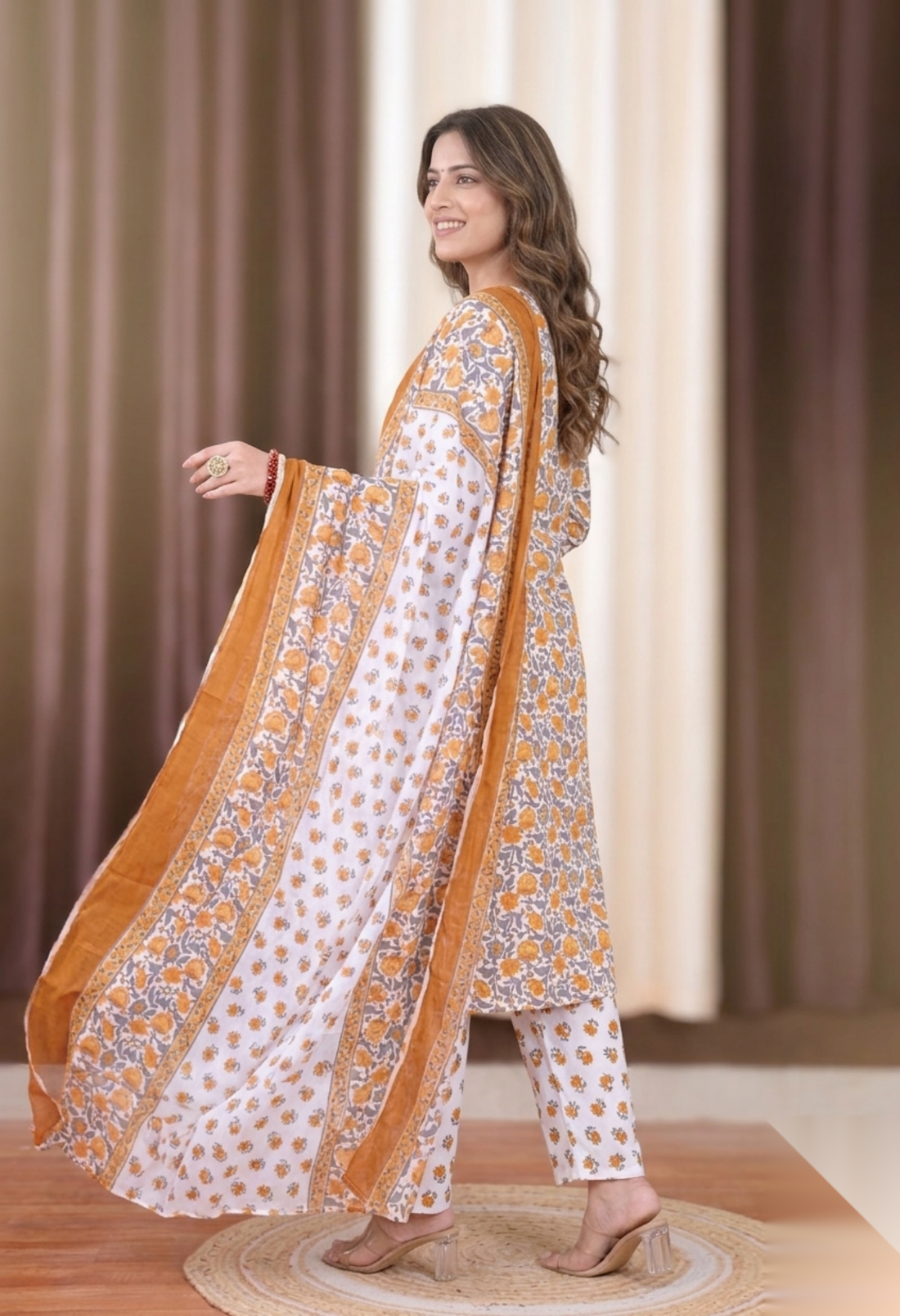 Premium Hand-Block Printed Cotton Suit Set in Marigold
