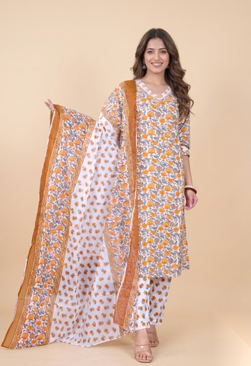 Premium Hand-Block Printed Cotton Suit Set in Marigold