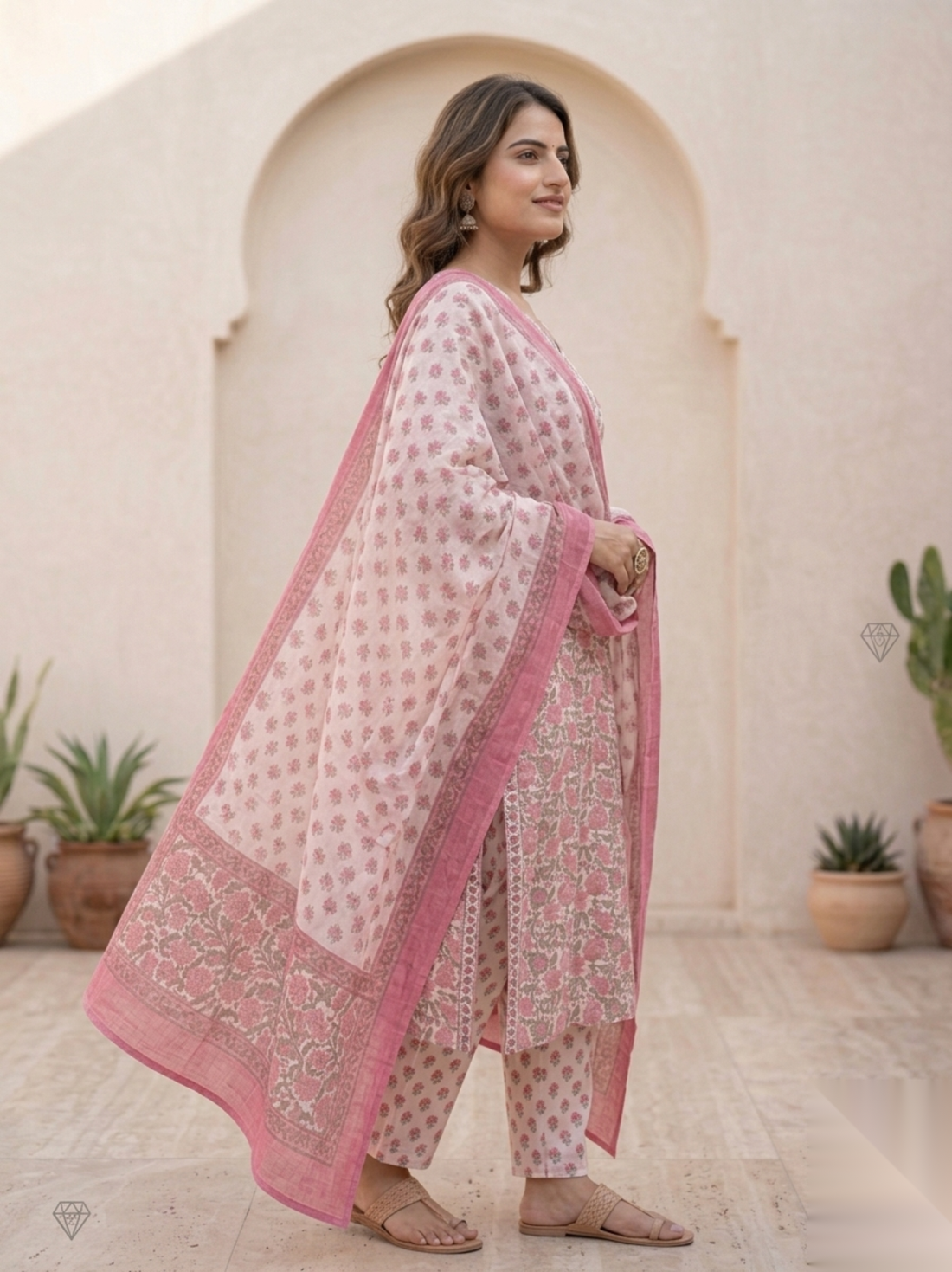 Rose Quartz Hand-Block Floral Suit Set in Artisanal Cotton