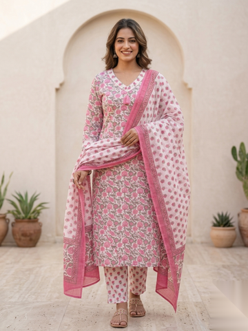 Rose Quartz Hand-Block Floral Suit Set in Artisanal Cotton