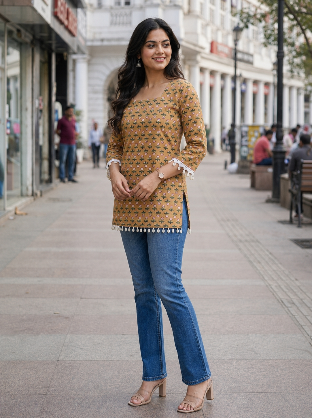Mustard Floral Printed Kurti for Women