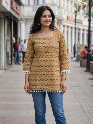 Mustard Floral Printed Kurti for Women
