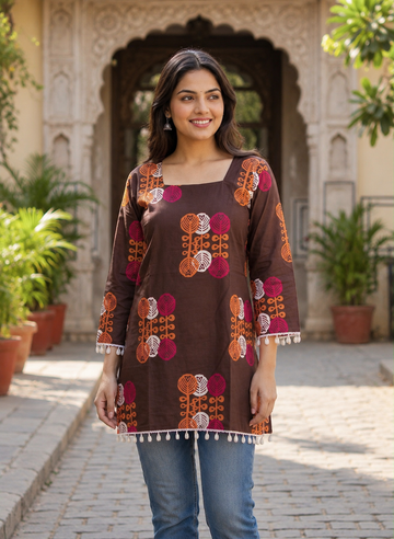 Brown Printed Cotton Kurti – Contemporary Ethnic Charm