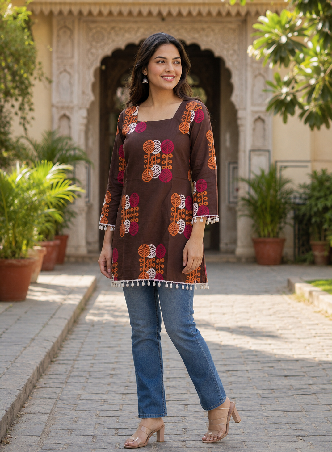 Brown Printed Cotton Kurti – Contemporary Ethnic Charm