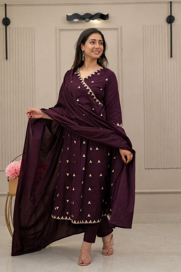Plum Embroidered Anarkali Kurta Set with Dupatta