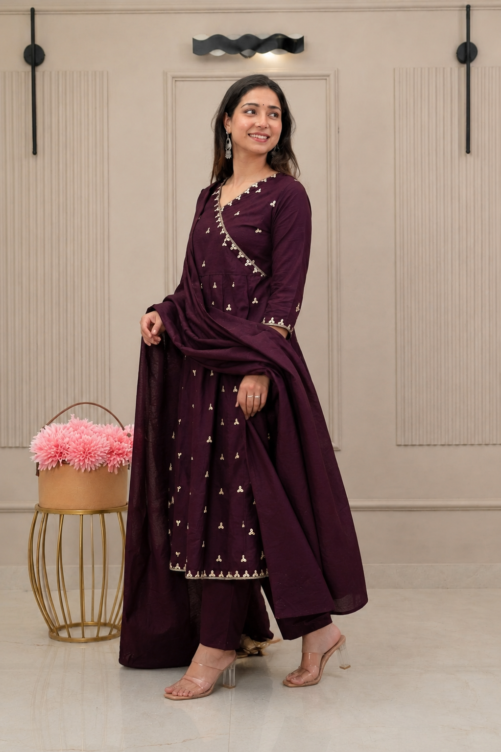 Plum Embroidered Anarkali Kurta Set with Dupatta