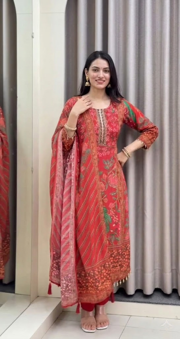 Rust Red Printed Kurta Set with Dupatta