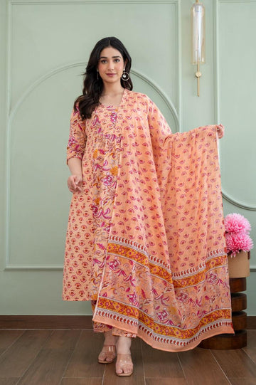 Peach Blossom Floral Block Print 3-Piece Suit Set