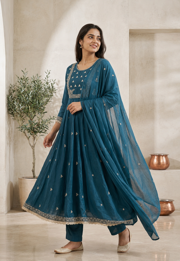 Teal Embroidered Anarkali Set with Dupatta