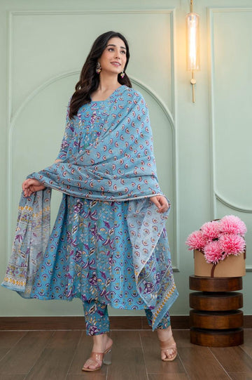 Powder Blue Floral Print Anarkali Suit Set