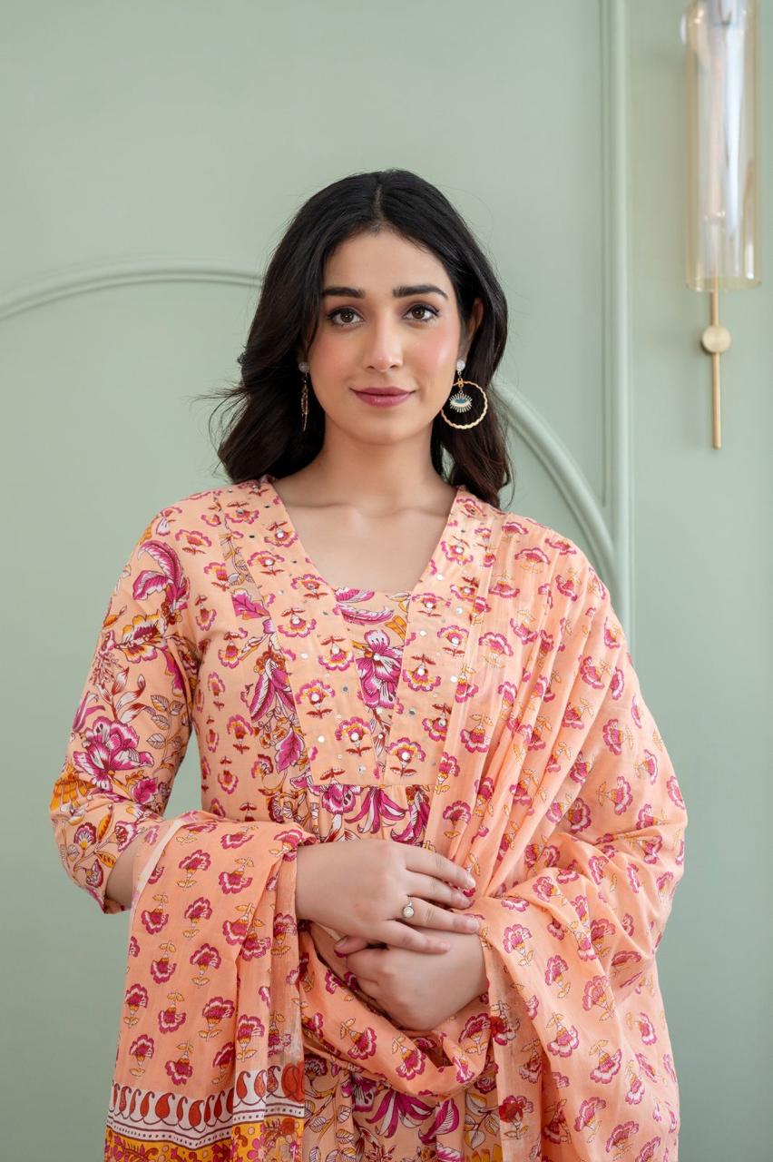 Peach Blossom Floral Block Print 3-Piece Suit Set