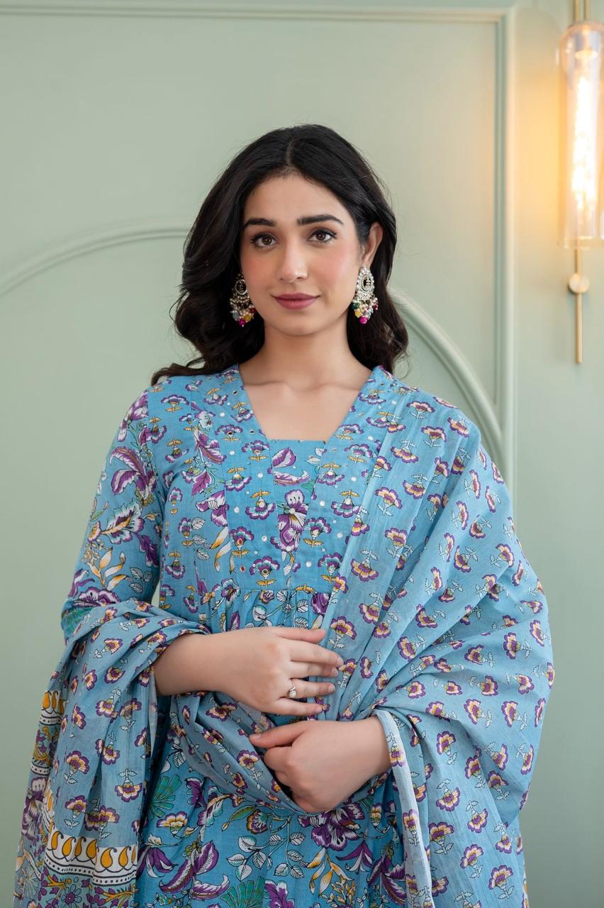 Powder Blue Floral Print Anarkali Suit Set