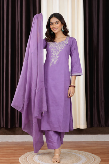 Lavender Radiance Hand-Embroidered Cotton Set