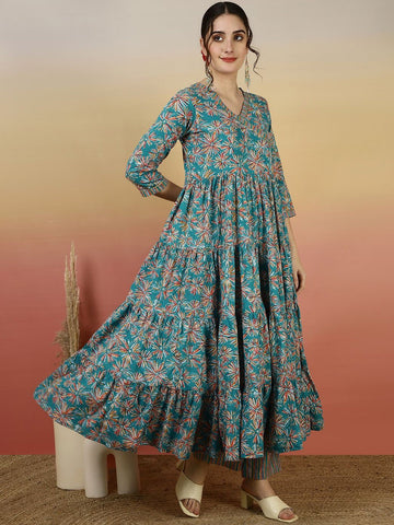Cotton Printed Anarkali Kurti Pant Dupatta Set
