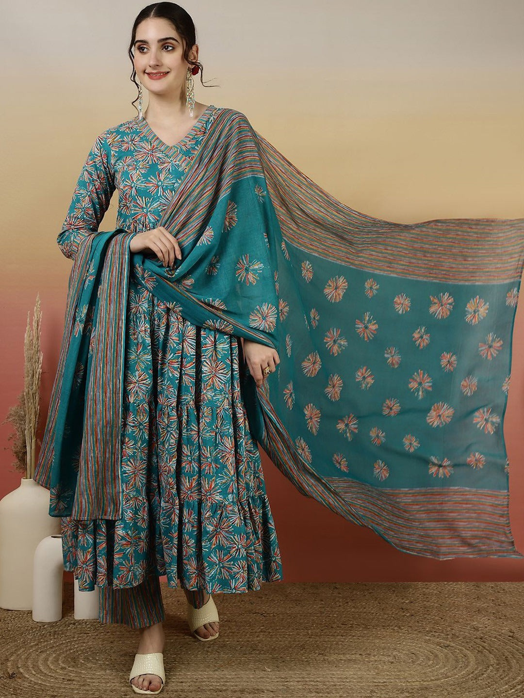 Cotton Printed Anarkali Kurti Pant Dupatta Set