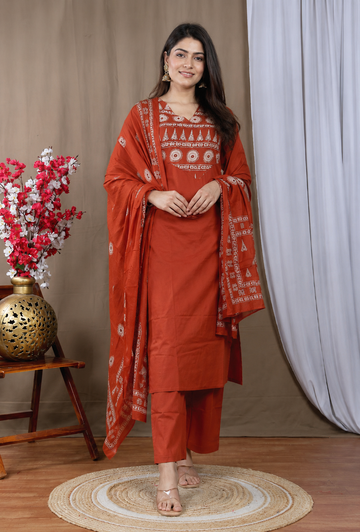 Rust-Orange Printed Kurta Set with Dupatta – Elegant Ethnic Wear for Women