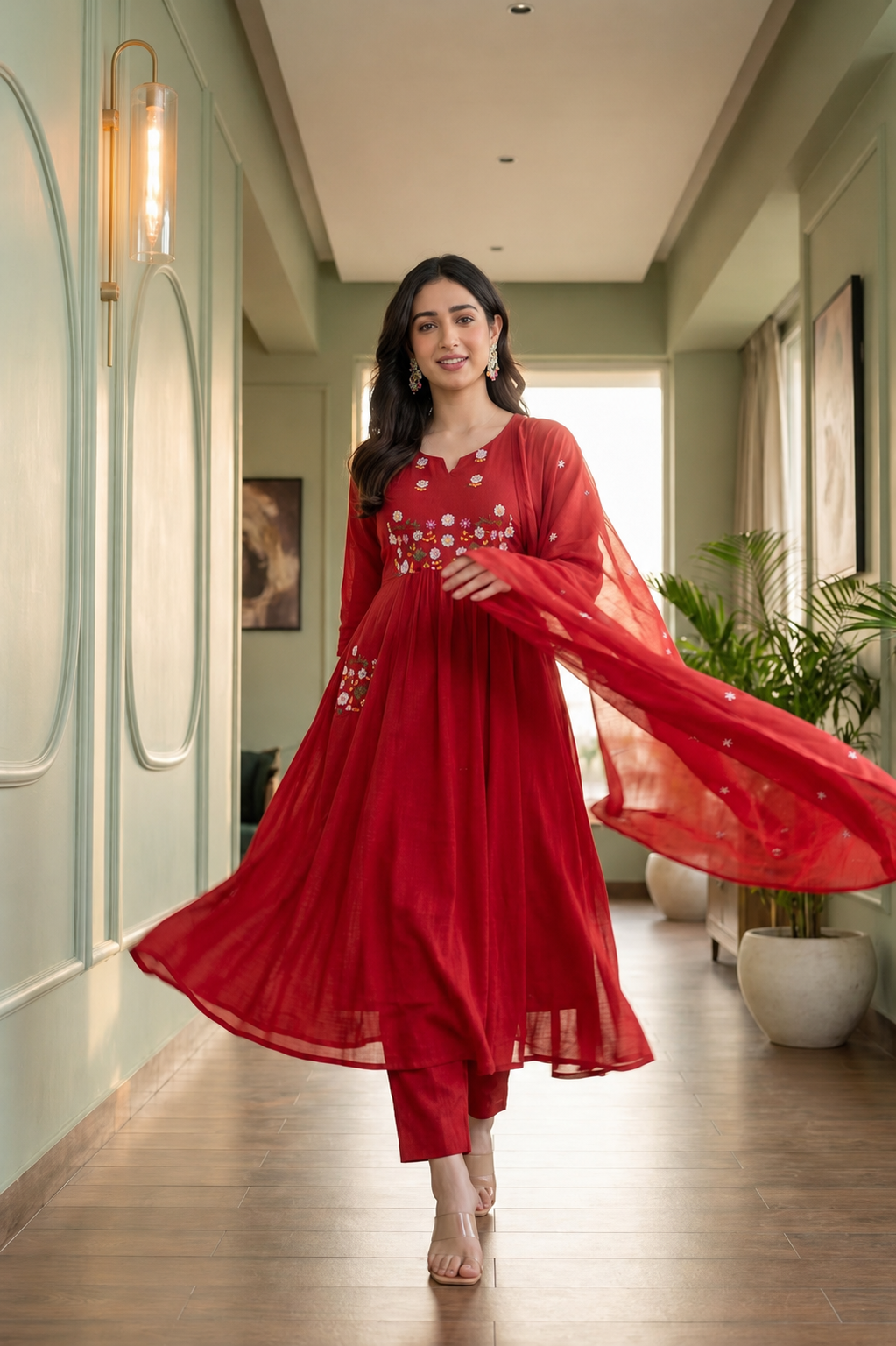 Elegant Red Embroidered Anarkali Set with Dupatta