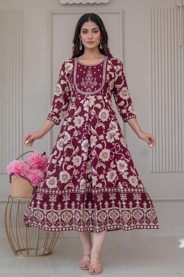 Elegant Maroon Floral Block Print Anarkali Kurta