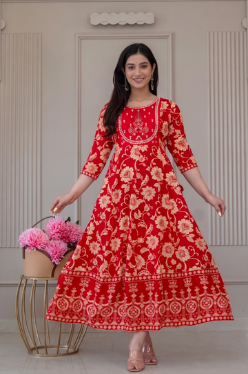 Radiant Red Floral Block Print Anarkali Kurta