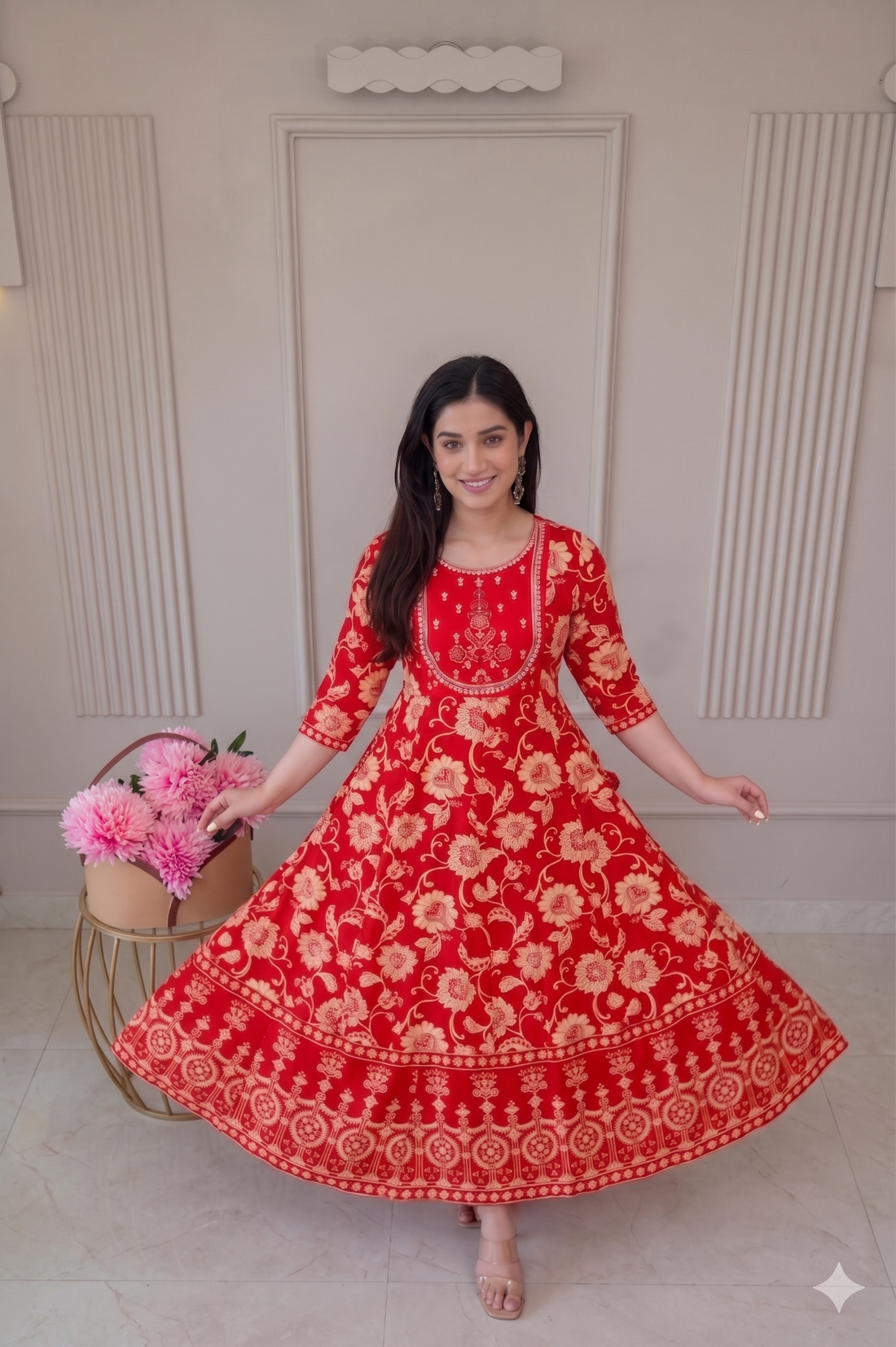 Radiant Red Floral Block Print Anarkali Kurta