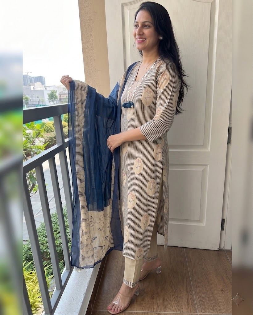 Elegant Cotton Kurta Set with Dupatta – Beige & Navy Blue