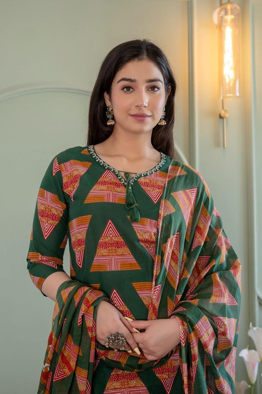 Elegant Green Printed Kurta Set with Dupatta for Women