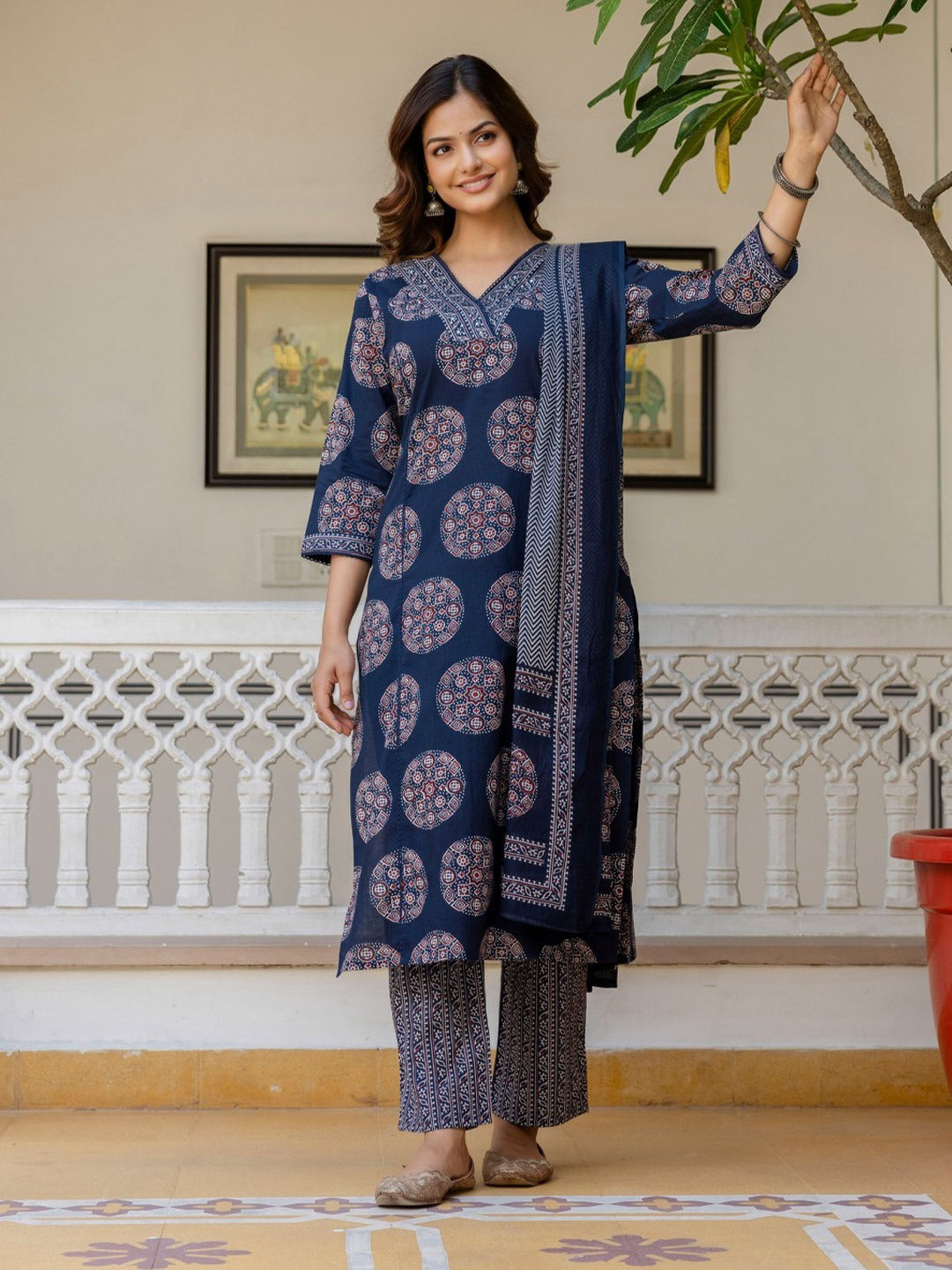 Midnight Blue Medallion Print 3-Piece Suit Set