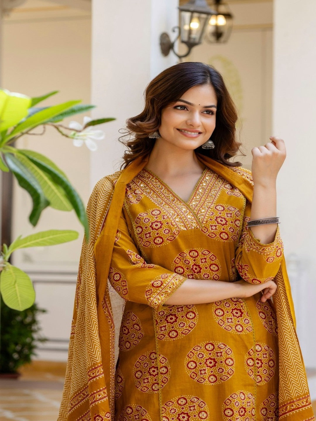 Radiant Mustard Mandala Print 3-Piece Suit Set