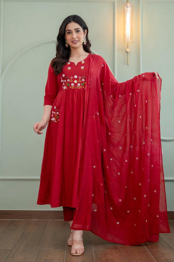 Elegant Red Embroidered Anarkali Set with Dupatta