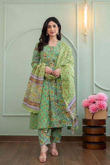 Green Floral Printed Kurta Set with Dupatta