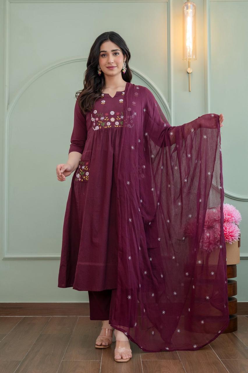 Floral Embroidered Flared Anarkali Kurta Set with Dupatta