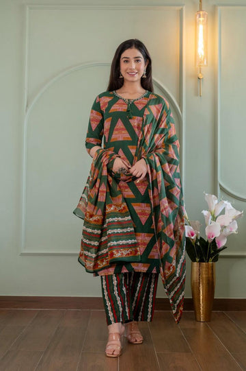Elegant Green Printed Kurta Set with Dupatta for Women