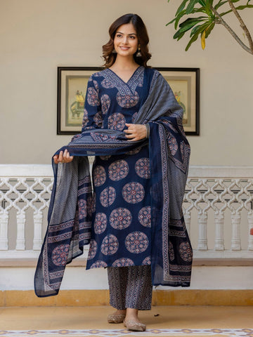 Midnight Blue Medallion Print 3-Piece Suit Set