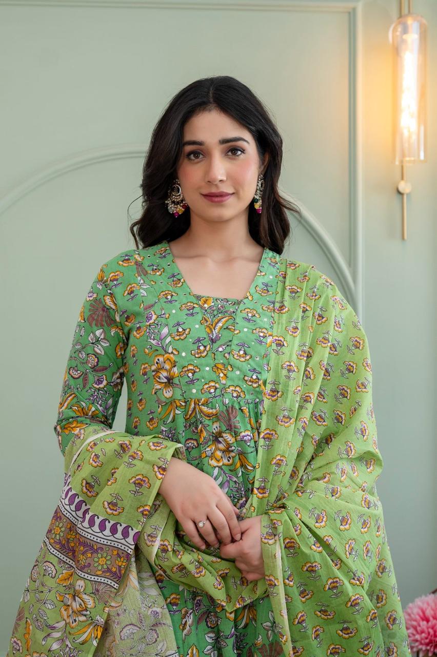 Green Floral Printed Kurta Set with Dupatta