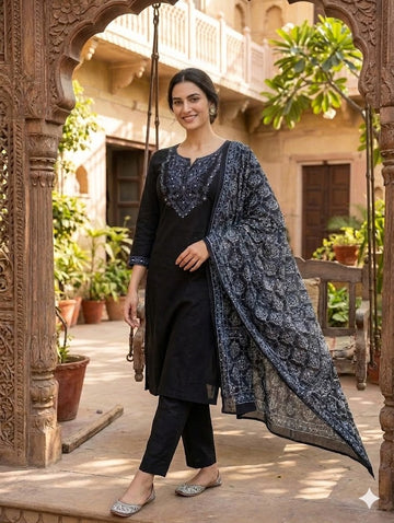 Elegant Black Embroidered Kurta Set with Printed Dupatta