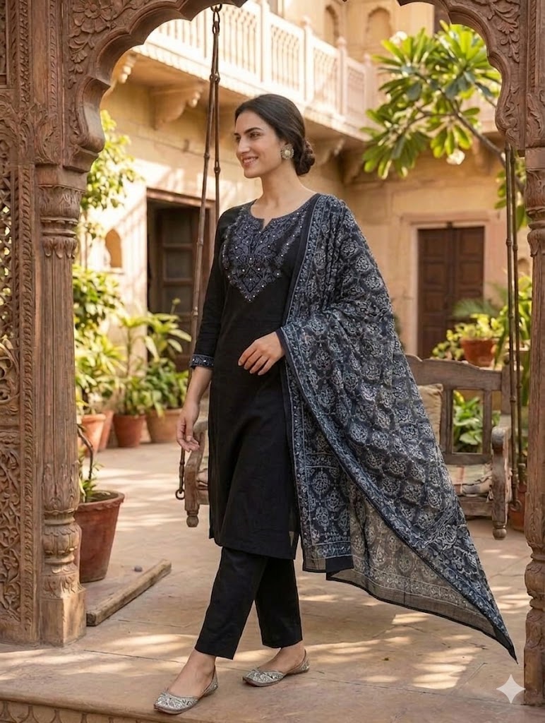 Elegant Black Embroidered Kurta Set with Printed Dupatta