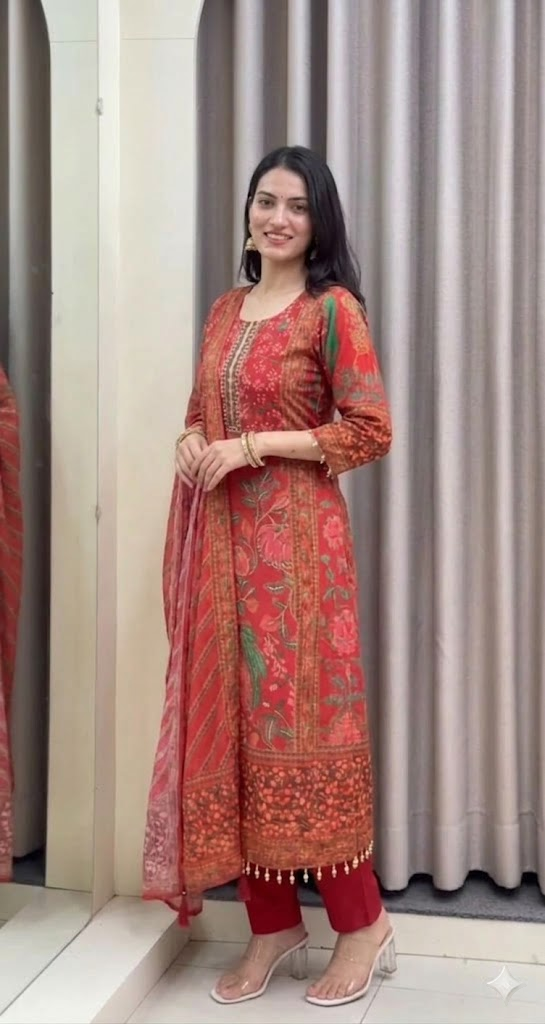 Rust Red Printed Kurta Set with Dupatta