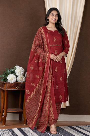 Maroon Printed Kurta Set with Dupatta