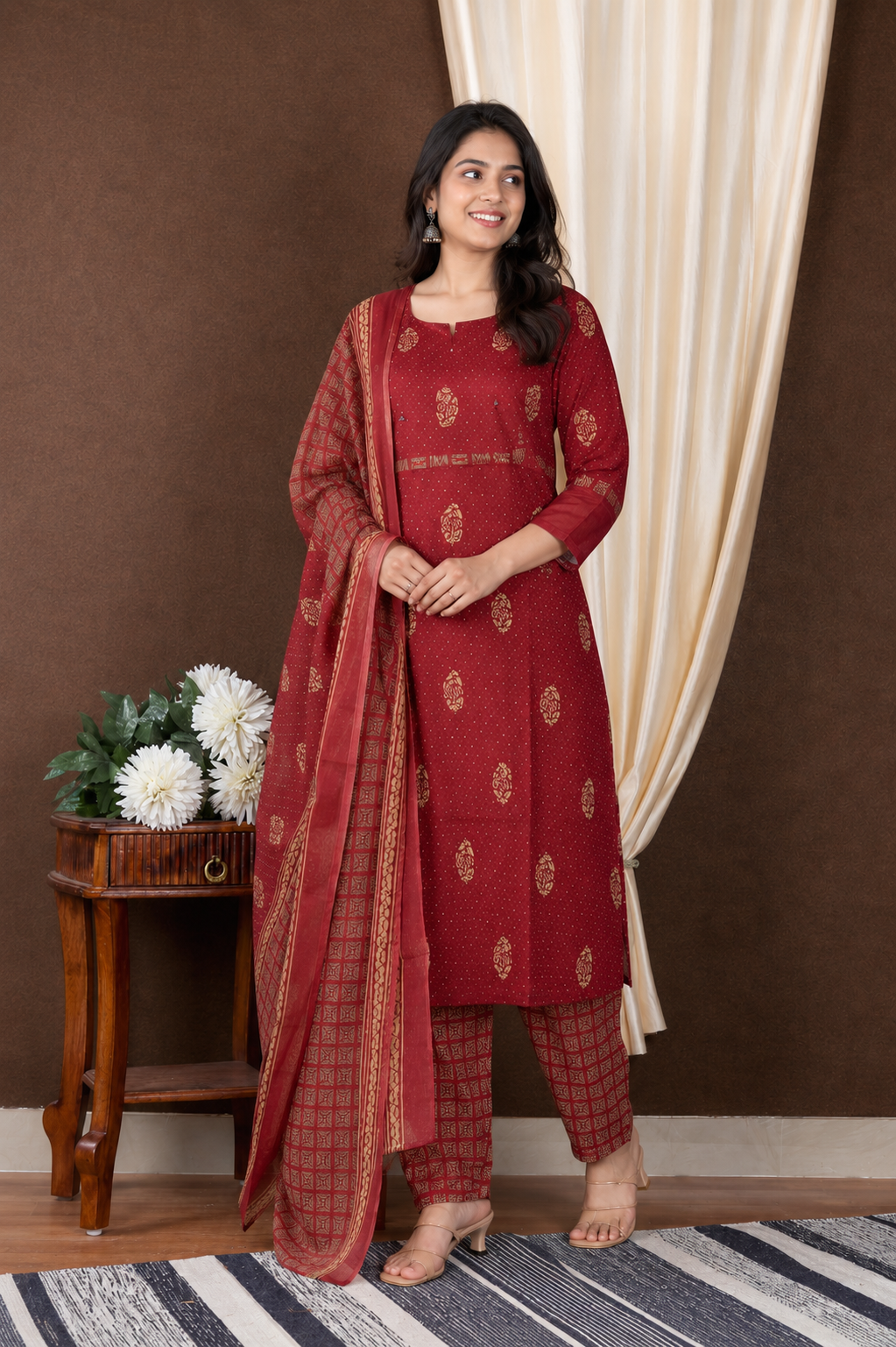 Maroon Printed Kurta Set with Dupatta