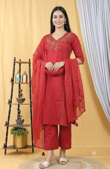 Women's Red Embroidered Kurta Set with Dupatta