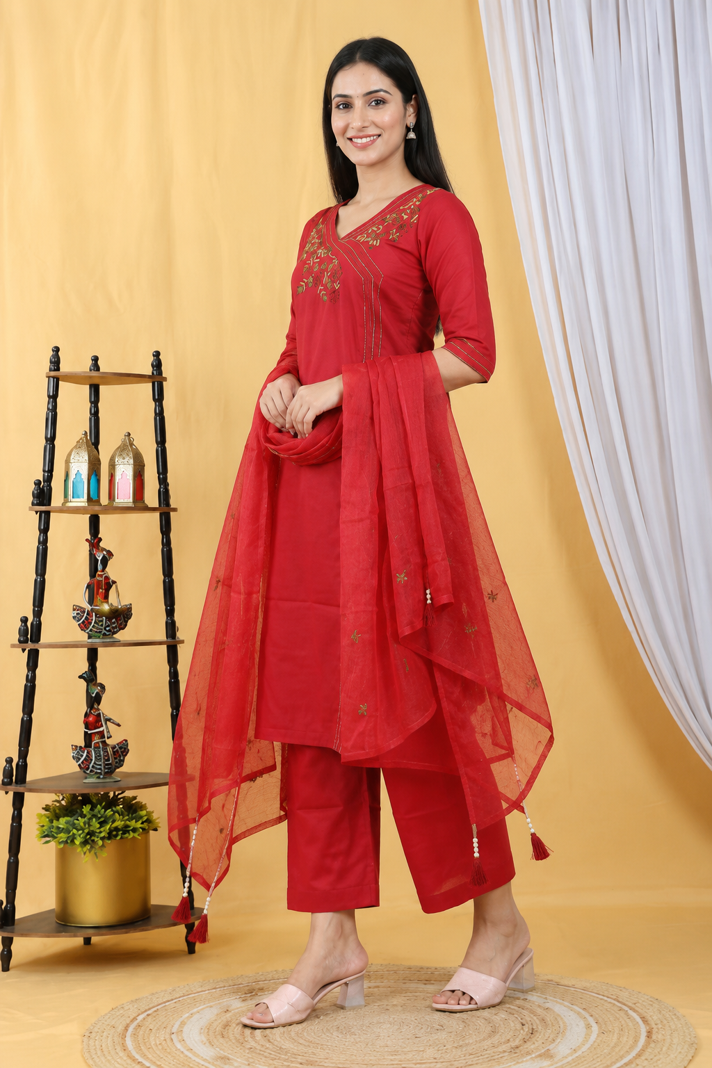 Women's Red Embroidered Kurta Set with Dupatta